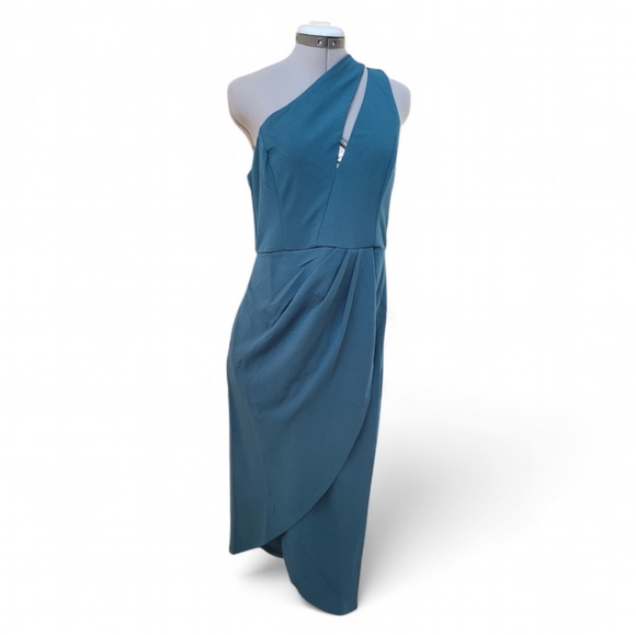 Lulus Fabulous Forever Teal One-Shoulder Cutout Tulip Midi Dress Size Large - Picture 1 of 9